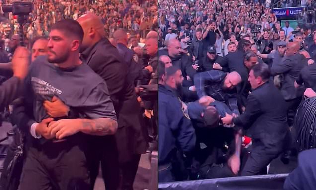 Dillon Danis sparks wild cageside brawl at UFC 322 before being escorted away by police at MSG