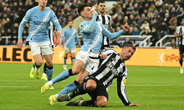 Fans stunned as Phil Foden is DENIED penalty after Man City star was wiped out by Fabian Schar - with VAR clearing Newcastle defender's challenge