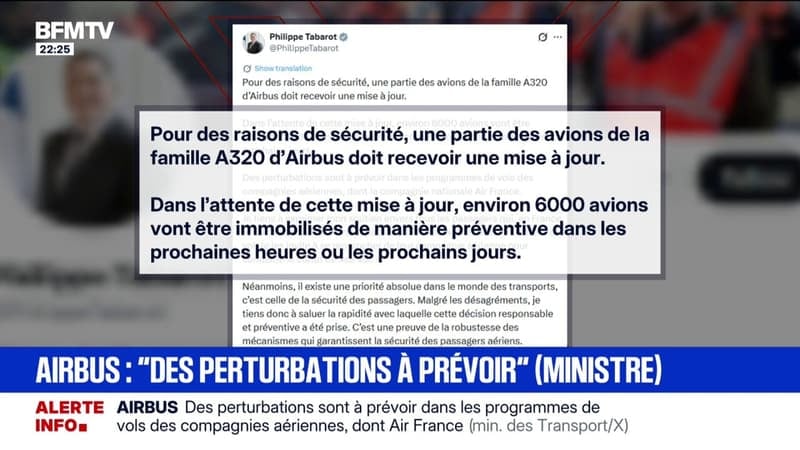 6.000 avions A320 cloués au sol: "Des perturbations sont à prévoir dans le programmes de vols des compagnies aériennes", a déclaré le ministre des Transports sur X