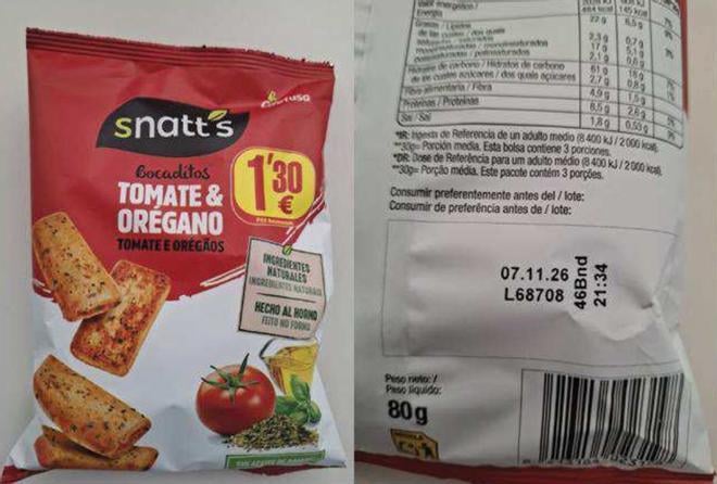 La AESAN alerta de la presencia de partículas metálicas en un lote de bocaditos de tomate y orégano de la marca Snatt's