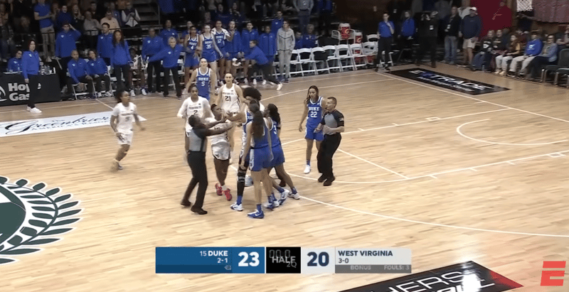 Seven women’s basketball players ejected in wild melee as depleted West Virginia downs Duke
