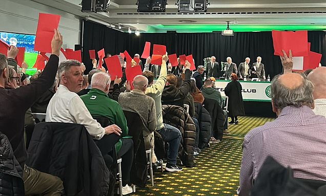 Celtic's annual general meeting ABANDONED after angry fans jeer board and wave red cards at top table