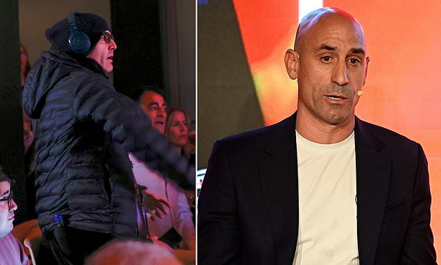 Shocking moment disgraced former Spanish football chief Luis Rubiales is pelted with EGGS by protestor at launch of his new book as reports claim attacker was a RELATIVE