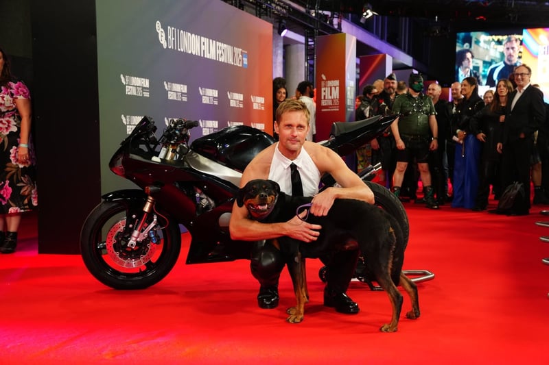 Alexander Skarsgård is having the time of his life on the Pillion press tour