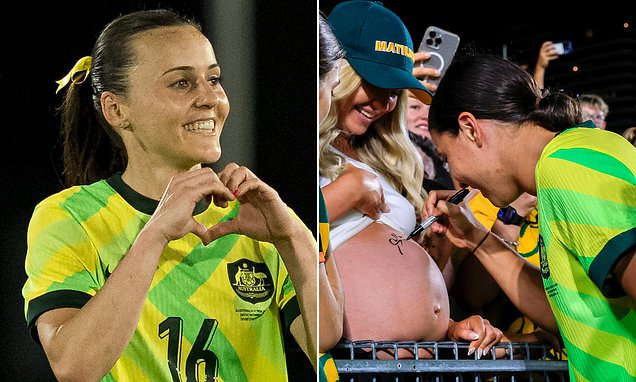 Sam Kerr signs a pregnant mum's belly as she steals the show against New Zealand - despite not even playing for the Matildas