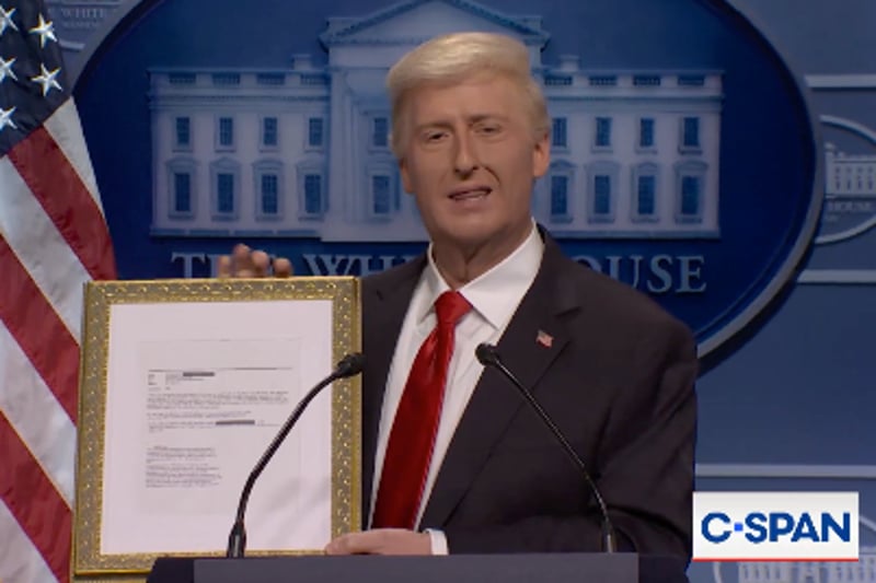 SNL’s Trump sells gold-framed Epstein files for $800 in cold open sketch: ‘Makes a great stocking stuffer’