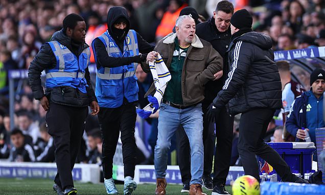 Angry Leeds fan tries to confront Daniel Farke and is led away by stewards as tempers boil over at Elland Road after defeat by Aston Villa