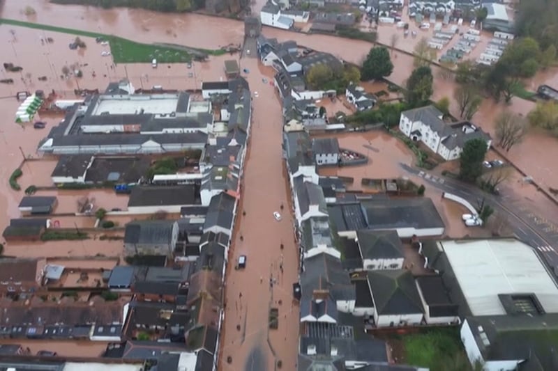 Drone footage shows Monmouth devastated by flooding after Storm Claudia