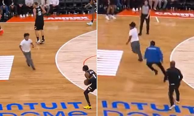Wild moment NBA fan sprints onto the court midgame and wreaks havoc by evading multiple security guards