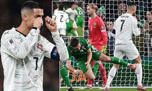Cristiano Ronaldo sees RED: Portugal star is sent off for ELBOWING Ireland opponent before giving sarcastic response to decision - and he could miss country's World Cup opener