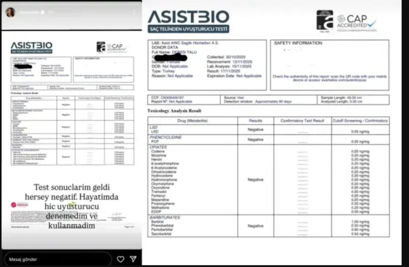 Testi pozitif çıkmıştı, yeniden yaptırdı! Deren Talu uyuşturucu testi sonuçlarını paylaştı