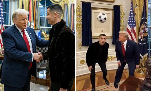 Trump shares bizarre AI-generated video playing soccer with Ronaldo inside Oval Office