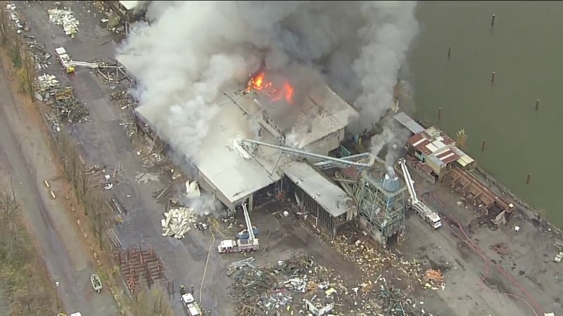 Large fire breaks out on banks of Fraser River in Delta