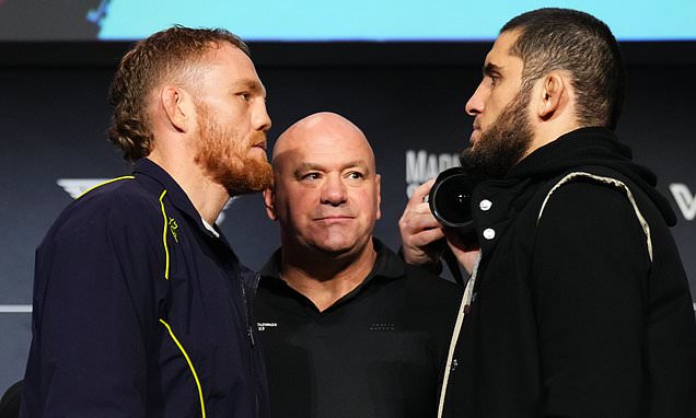 Islam Makhachev and Jack Della Maddalena refuse to break eye-contact in tense staredown, as Dana White is forced to jump in ahead of huge UFC 322 title fight